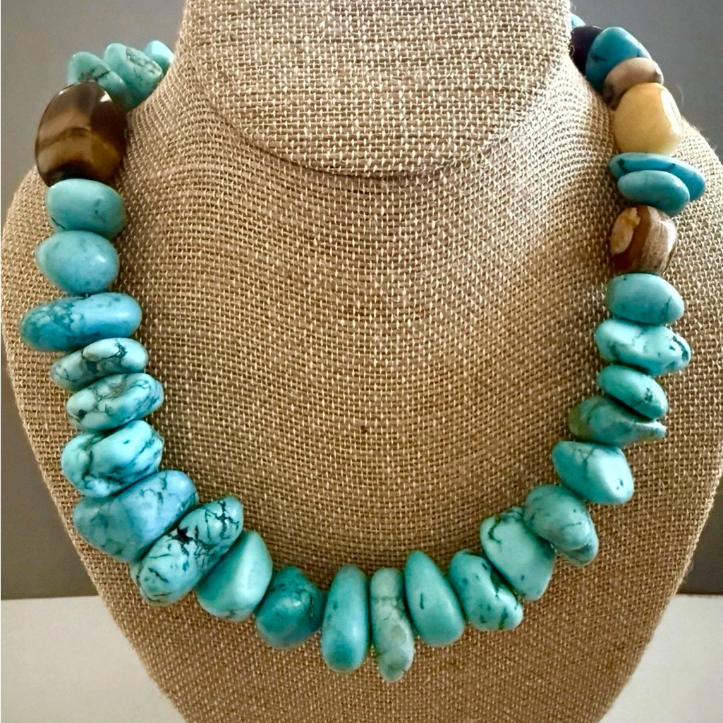 Southwestern Turquoise Signed Ail Nugget Tiger Eye 30 Inch Statement Necklace